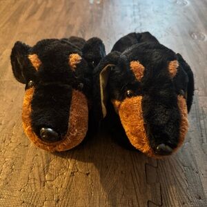 Plush Dog Kids Slippers - Black and Brown